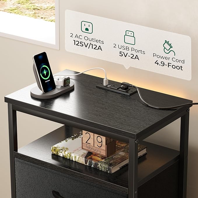 Huuger 5 Drawers Dresser with Charging Station, Dresser for Bedroom, Tall Night Stand, Chest of Drawers with Open Shelf, Bedside Table Nightstand, Fabric Storage Drawers, for Entryway, Black