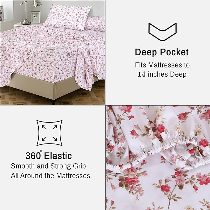 RUVANTI 100% Cotton California King Sheet Sets, 4 Pieces, Soft & Breathable Percale Weave Bedding, Deep Pocket 14", Hotel Standard, Crisp Cool Feel & Durable, Perfect Floral Sheets, Bouquet