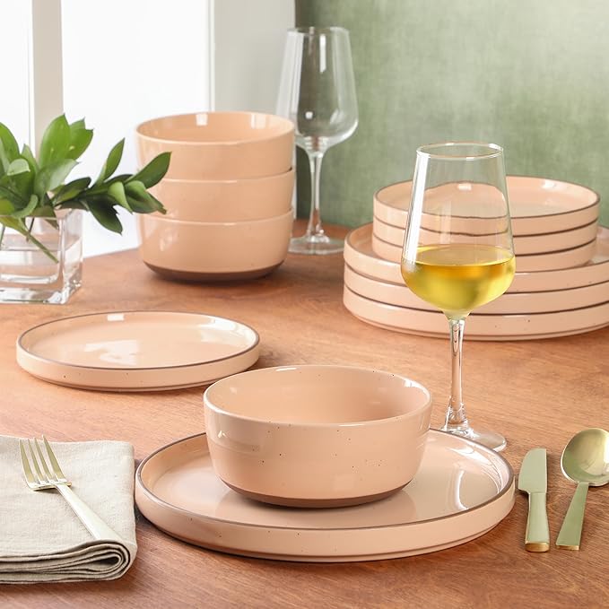 Gibson Elite Northrock Stoneware Dinnerware Set, 16-Piece Service for 4 Plates and Bowls Set – Pink Dishes with Hand-Painted Terracotta Base