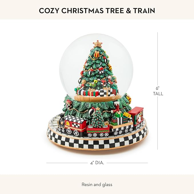 MACKENZIE-CHILDS Christmas Snow Globe and Music Box, Unique Musical Snow Globe Christmas Decoration, Cozy Christmas Tree and Train