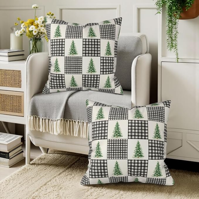 Winter Throw Pillow Covers 18x18 - Buffalo Plaid Pillowcase Set of 2 Christmas Tree Square Cushion Covers for Sofa Couch Bed