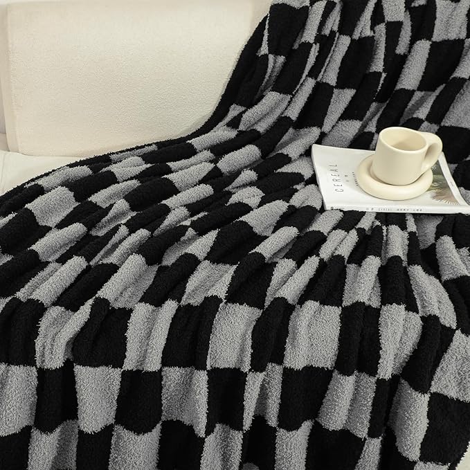 bearberry Fuzzy Checkerboard Grid Throw Blanket Soft Cozy Warm Microfiber All Season Blanket Decor for Couch Sofa Bed Travel Home (Black/Grey, 50''x60'')