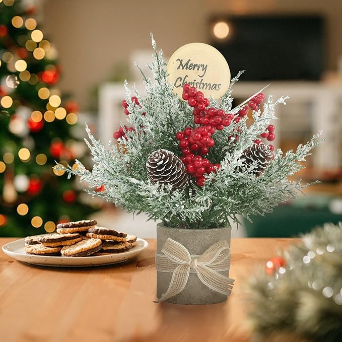 2PCS Small Christmas Tree,Tabletop Mini Xmas Tree,9" Artificial Little Potted for Christmas Decor,Suitable for Weddings, Holidays, Christmas and Other Festivals.(Red/Green)