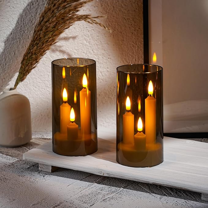 Da by Flameless Candle, Battery-Powered Candle with Remote Control and Timer, LED Three-Wick Pillar Candle, Romantic Wedding, Perfect Home Décor, 2 Pack (Grey)