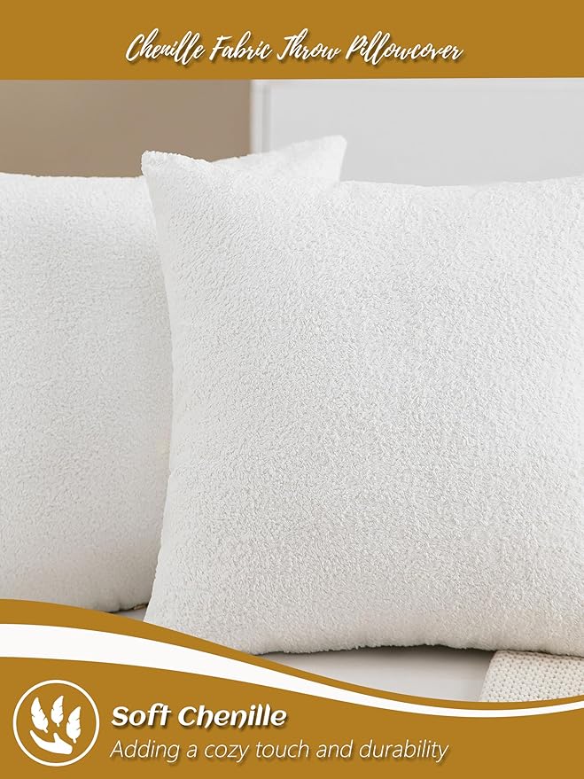 2 Packs Decorative Cream White Textured Chenille Throw Pillow Covers 20x20 Inch Neutral Farmhouse Boucle Couch Pillows, Modern Soft Velvet Pillowcase Cushion Covers for Living Room Home Decor