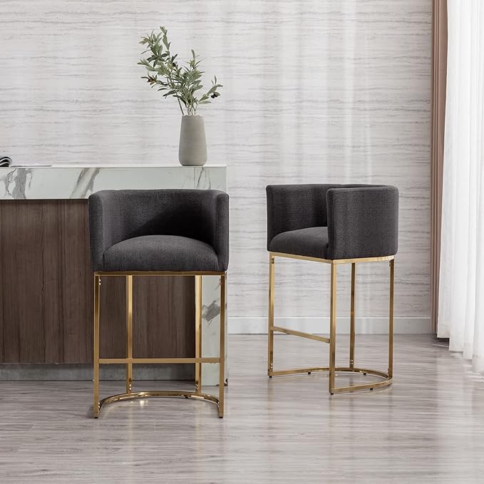 Modern Counter Height Linen Upholstered Bar Stools Set of 2, 29" Kitchen Counter Island Stools Bar Chairs with Gold Metal Frame for Kitchen Island, Charcoal