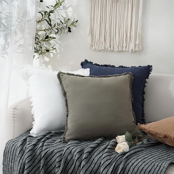 Foindtower Decorative Linen Fringe Throw Pillow Covers Cozy Boho Farmhouse Cushion Cover with Tassel Soft Accent Pillowcase for Chair Sofa Bed Living Room Home Decor, 18×18 Inch, 1PC, Cream White