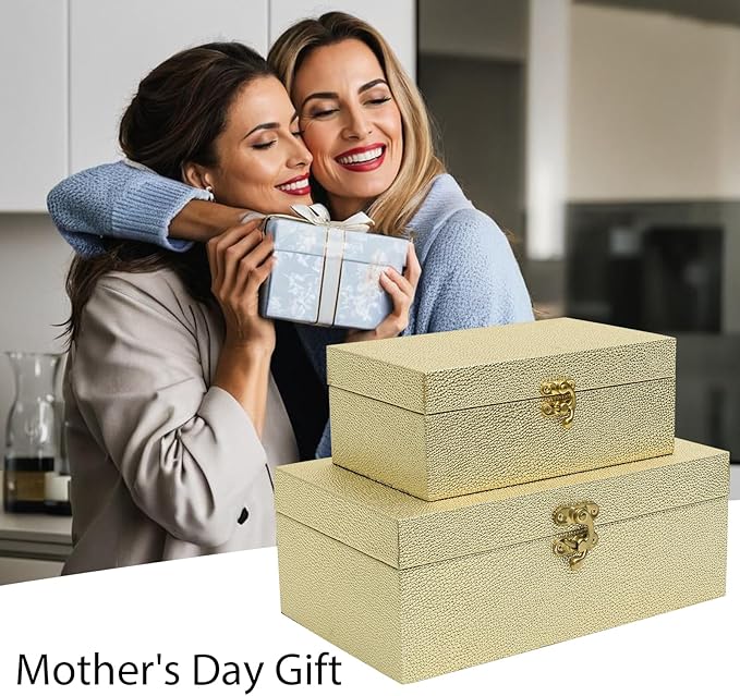 Faux Leather Decorative Storage Boxes Set of 2, Gold