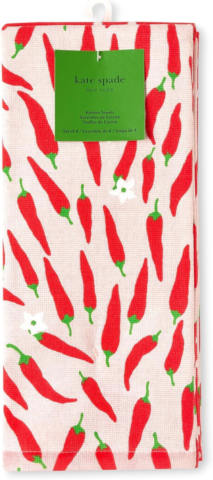Kate Spade New York Hot Peppers & Spring Times Dot Kitchen Towels 4-Pack Set, Absorbent 100% Cotton, Red/Pink, 17"x28