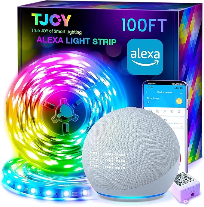 TJOY 100ft Smart Led Strip Lights for Bedroom, Work with Alexa, RGB Color Changing Music Sync Led Lights with App Remote,Multi-Color Wireless Led Strip Lighting for Bedroom (APP+Remote+Voice)