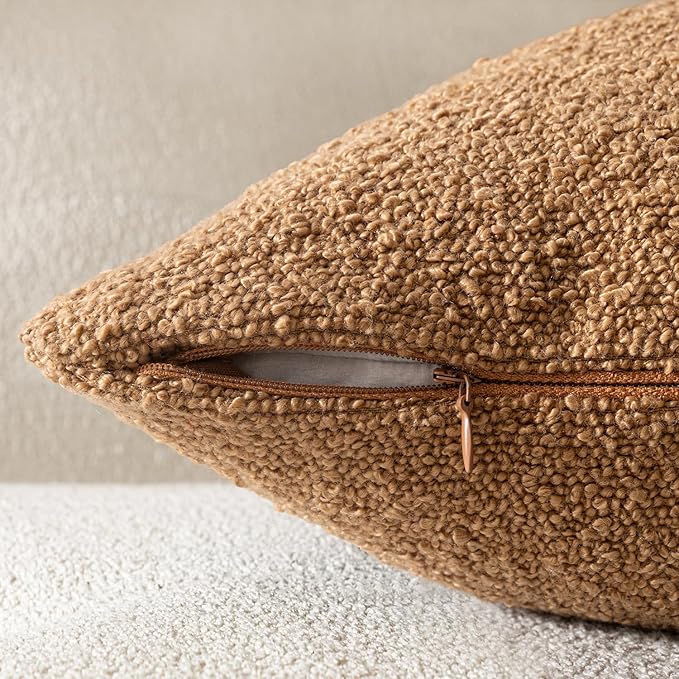 Woaboy Pack of 2 18x18 Inch Decorative Boucle Throw Pillow Covers Textured Square Pillowcaes Accent Solid Cozy Soft Cushion Covers Home Decor for Sofa Couch Living Room Home Decor,Brown