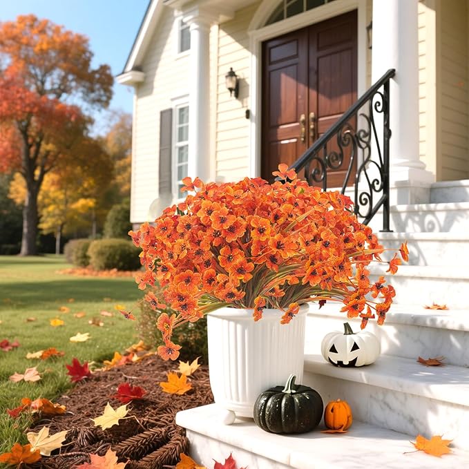 20PCS Autumn Fall Artificial Flowers Outdoor, Fall Porch Decorations, Realistic Waterproof Faux Flowers for Outside Porch Decor, Thanksgiving Halloween Home Garden Decor (Fall Red)