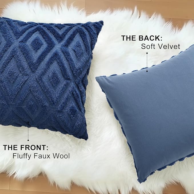 decorUhome Couch Throw Pillow Covers 22x22 Set of 2, Decorative Soft Plush Faux Wool Neutral Accent Pillow Covers for Bed Sofa Living Room, Blue