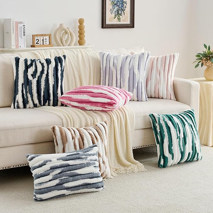 FUTEI Brown Decorative Throw Pillow Covers 12x20 Inch Set of 2, Soft Tie-Dye Faux Rabbit Fur Striped Texture Pillow Case, Modern Home Decor for Couch Bed Living Room