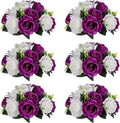 NUPTIO Pcs of 6 Fake Flower Ball Arrangement Bouquet,15 Heads Plastic Roses with Base, Suitable for Our Store's Wedding Centerpiece Flower Rack for Parties Valentine's Day Home Décor (Purple & White)