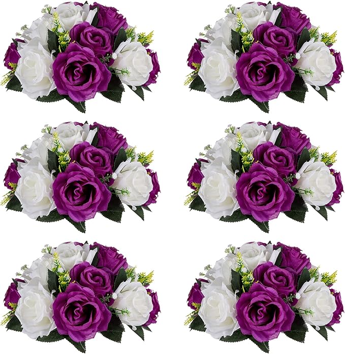 NUPTIO Pcs of 6 Fake Flower Ball Arrangement Bouquet,15 Heads Plastic Roses with Base, Suitable for Our Store's Wedding Centerpiece Flower Rack for Parties Valentine's Day Home Décor (Purple & White)