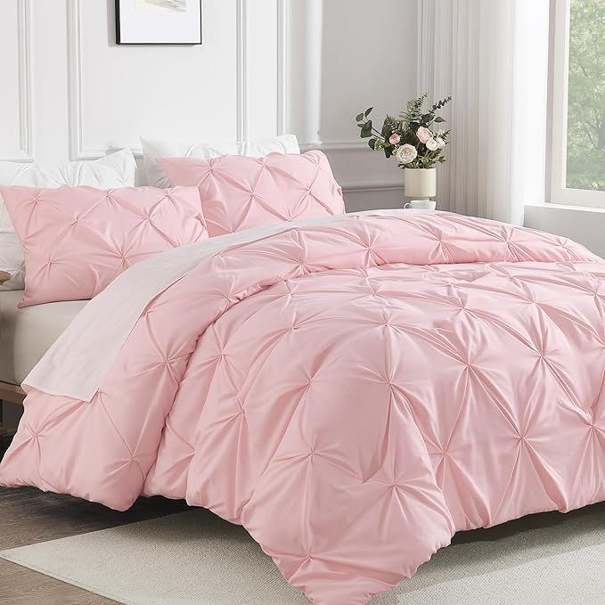 Andency Pink Comforter Set King(104x90Inch), 3 Pieces Soft Lightweight Cute Pinch Pleat Bedding Comforters & Sets, All Season Western Warm Down Alternative Bed Set for Girls Women