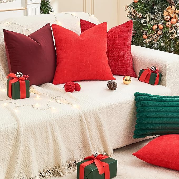 Christmas Burgundy Pillow Covers Set of 2 16x16 Inch Throw Pillow Covers, Soft Velvet Xmas Wine Red Decorative Pillow Covers for Couch Sofa Bed Living Room, Home Modern Decor