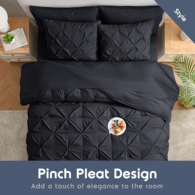 Nestl 7 Piece King Comforter Set - Pinch Pleated Black, All Season King Bed Set with Flat & Fitted Sheets, Pillowcases and Shams