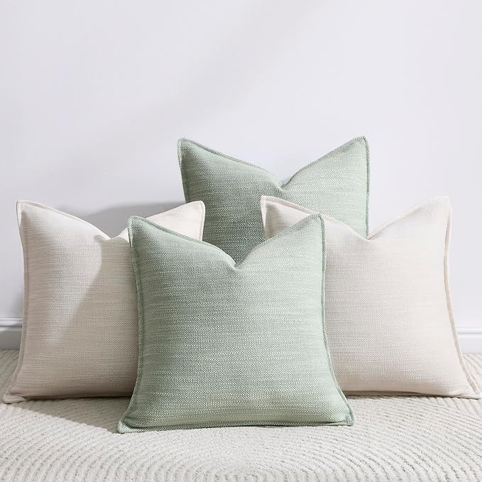 Meekio Set of 4 Ivory Beige and Sage Pillow Covers 18x18, Linen Look Throw Pillow Covers with Flange Edge for Sofa Couch Living Décor