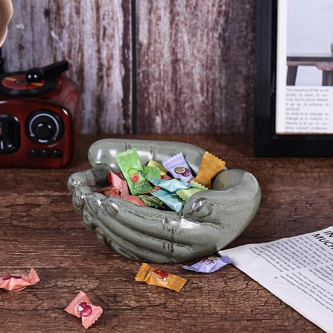 Ceramic Hands Bowl Dish Sculpture, Giving Hands Candy Holder for Succulent Planter, Crystal Rock Holder, Office, Keys Bowl for Entryway Table (Vintage Green)