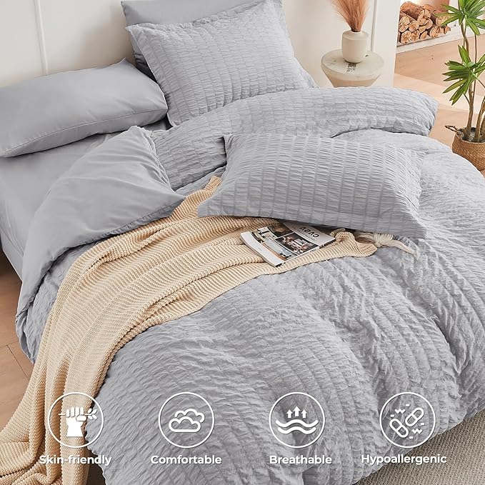 HYMOKEGE Light Grey Twin XL Comforter Set Seersucker 5 Pieces, All Season Luxury Bed in a Bag for Bedroom, Bedding Set with Comforter, Sheets, Pillowcase & Sham