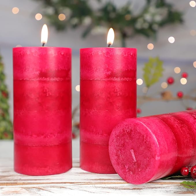 Red Scented Candles 3x6 inch Rose Scent Birthday Luxury Romantic 4 Layer Hand Poured Long Lasting Pillar Large Candles Gift Set for Home Table Dinner Wedding Christmas Decorations - 3 Pack