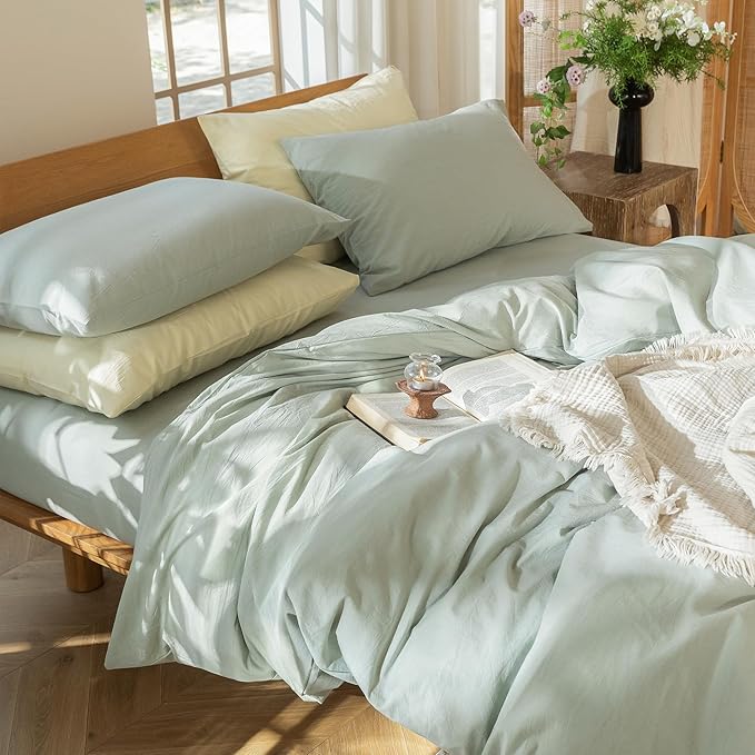 MooMee Bedding Duvet Cover Set 100% Washed Cotton Linen Like Textured Breathable Durable Soft Comfy (Heathered Sage Green, Super King Plus 120"x120")