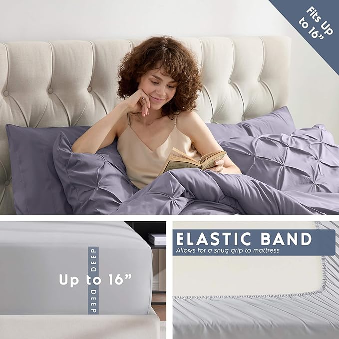 Nestl Queen Comforter Set - 7 Piece Pinch Pleated Comforter Queen Size Grayish Purple, All Season Bed in a Bag with Flat Sheet, Fitted Sheet, Pillowcases and Shams