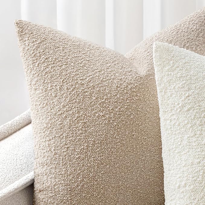 Woaboy Pack of 2 20x20 Inch Decorative Boucle Throw Pillow Covers Textured Square Pillowcaes Accent Solid Cozy Soft Cushion Covers Home Decor for Sofa Couch Living Room Home Decor,Neutral