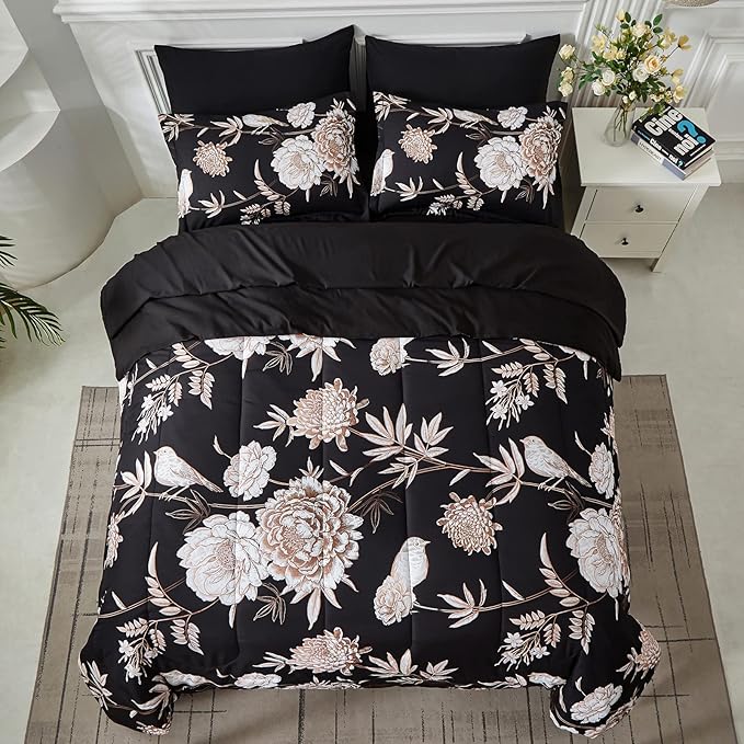 Yogeneg 7 Piece Bed in a Bag Queen Comforter Set Botanical Floral Bedding Set,Flower Leaves Brids Printed on Black Reversible Design,Soft Microfiber Comforter with Sheet Set,All Season(Black B,Queen)