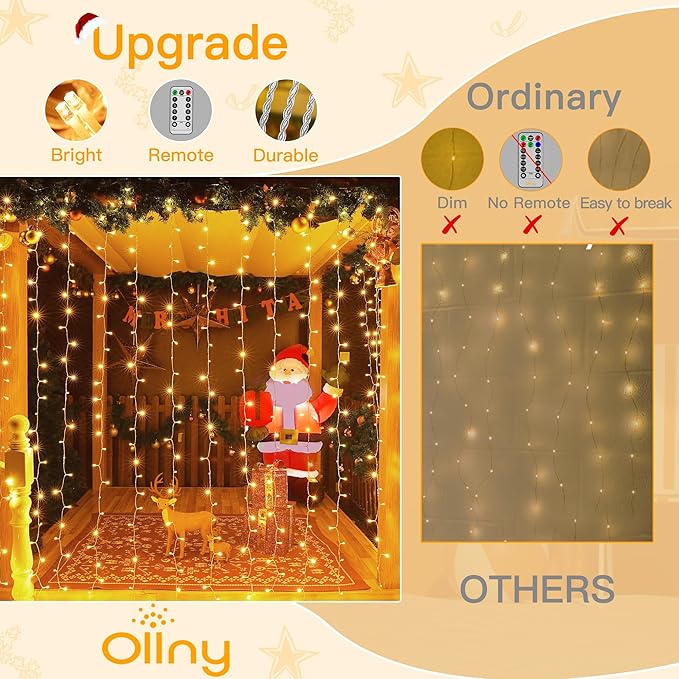 Ollny Curtain Lights 6.6x6.6ft, 200 LED String Lights with Remote 8 Modes Dimmable Timer, USB Power Fairy Light for Bedroom Backdrop Indoor Wall Window Christmas Decorations, Warm White