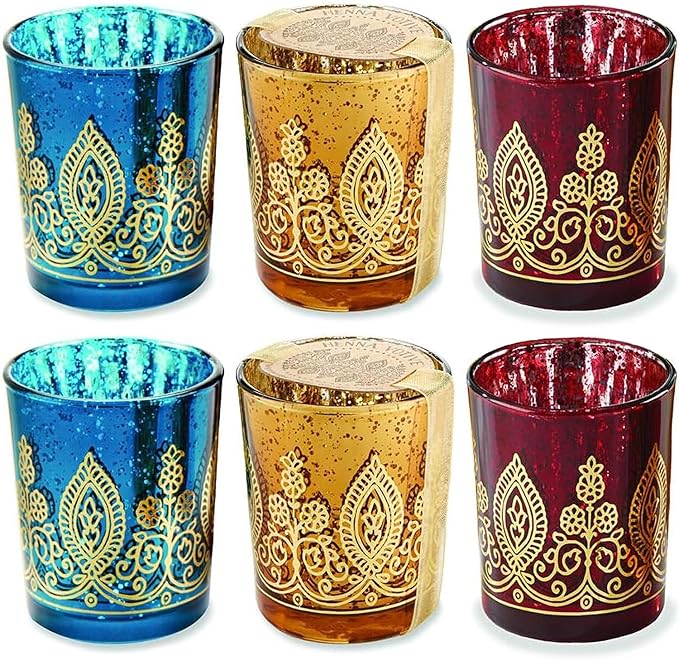 Kate Aspen 20205NA Tealight Henna Glass Votive Candle Holders, Indian Wedding Decorations and Party Favors (Set of 6), Assorted