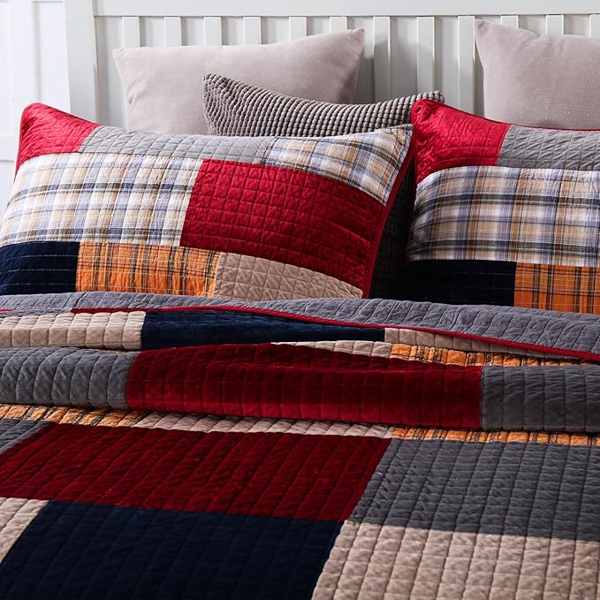Secgo Imports Velvet King Size Comforter Set- Cotton & Velvet Quilt King Size Set, Red, Black bedspreads (96 * 108 Inch) with 2 Pillow Shams, Patchwork Reversible Lightweight Bedding