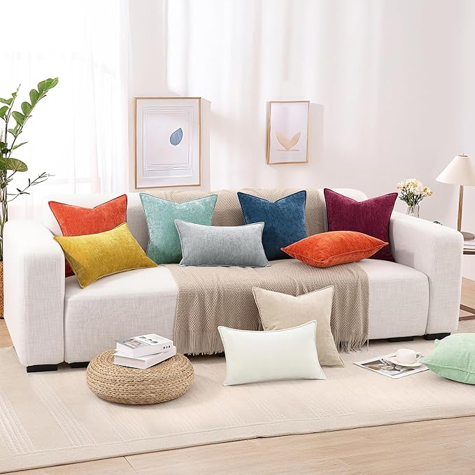 decorUhome Couch Throw Pillow Covers 26x26 Set of 2, Decorative Soft Euro Neutral Chenille Pillow Covers with Elegant Design for Sofa Bed Living Room Home Decor, Sage Green