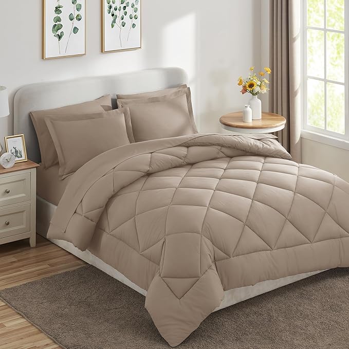 CozyLux Full Size Comforter Sets Khaki - 7 Pieces Bed in a Bag Full, Luxury Soft Bed Set for All Seasons, Bedding Set with Down Alternative Comforter, Sheets, Pillowcases & Shams
