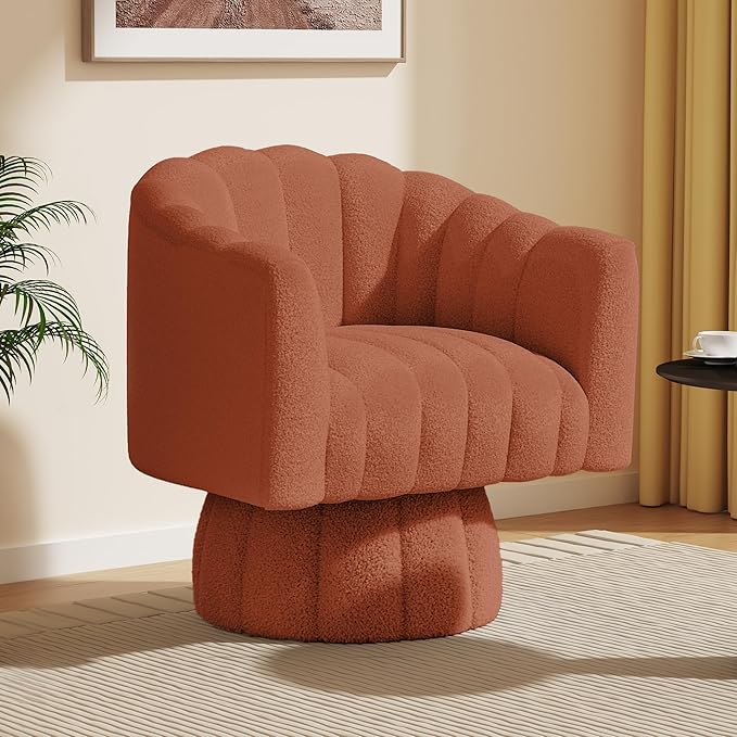 360 Degree Sherpa Swivel Cuddle Barrel Accent Sofa Chairs, Round Teddy Armchairs with Wide Upholstered, Furry Boucle Reading Chair for Living Room, Bedroom, Office, Waiting Rooms (Orange)