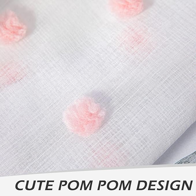 MYSKY HOME Pink Curtains for Girls Bedroom Nursery Pom Pom Curains for Girls Kids Room 63 Inch Long White Sheer Curtains for Dining Room Playroom Rod Pocket Window 38" x 63" 2 Pieces