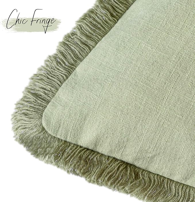 Foindtower Decorative Linen Fringe Throw Pillow Covers Cozy Boho Farmhouse Cushion Cover with Tassels Soft Accent Pillowcase for Chair Sofa Bed Living Room Home Decor, 26×26 Inch, 1PC,Light Sage Green