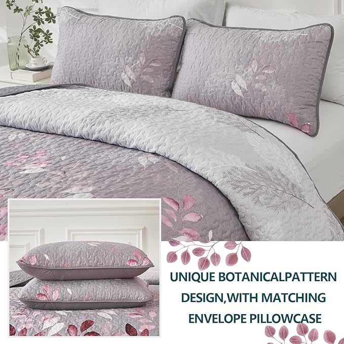 WONGS BEDDING Quilt Set King Size, 3 Pieces Pink Botancal Leaves Bedspread Coverlet Set with 2 Pillowcases for All Season, Soft Microfiber Floral Bedding Set 104"×90"