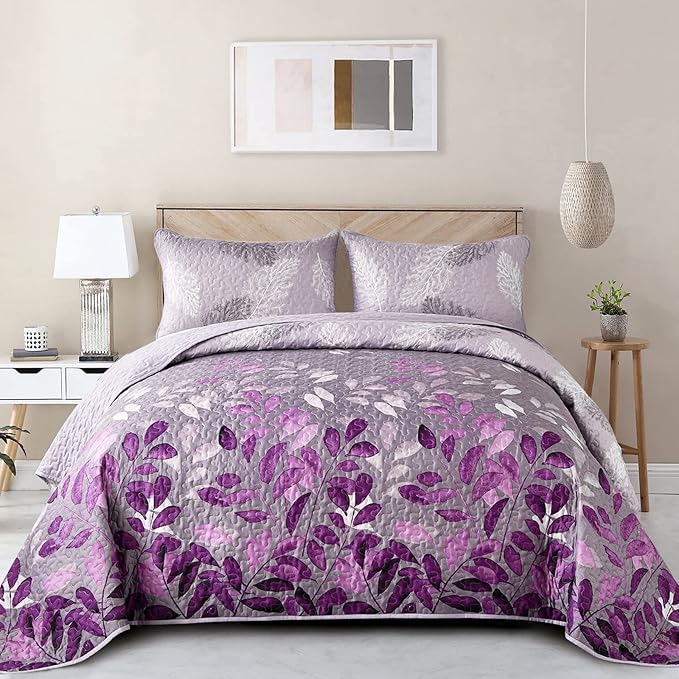 WONGS BEDDING Purple Floral Quilt Set King Size, 3 Pieces Botancal Leaves Bedspread Coverlet Set with 2 Pillowcases for All Season, Soft Microfiber Floral Bedding Set 104"×90"