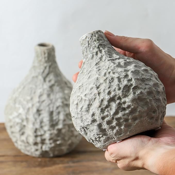 Stone Vases，Ceramic Bud Vase Set of 2,Minimalist Vases for Pampas Grass,Modern Vase for Wabi Sabi Home Decor, Shelf Decoration，Fireplace Decor,Coffee Table Decor