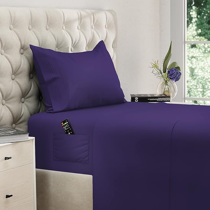 DREAMCARE Twin XL Sheet Sets – 3pcs Cooling Sheets – up to 21” Extra Deep Pocket Twin XL Sheets Set – Hotel Luxury Sheets & Pillowcases – Superior Softness 100% Fine Microfiber with Side Pocket Purple