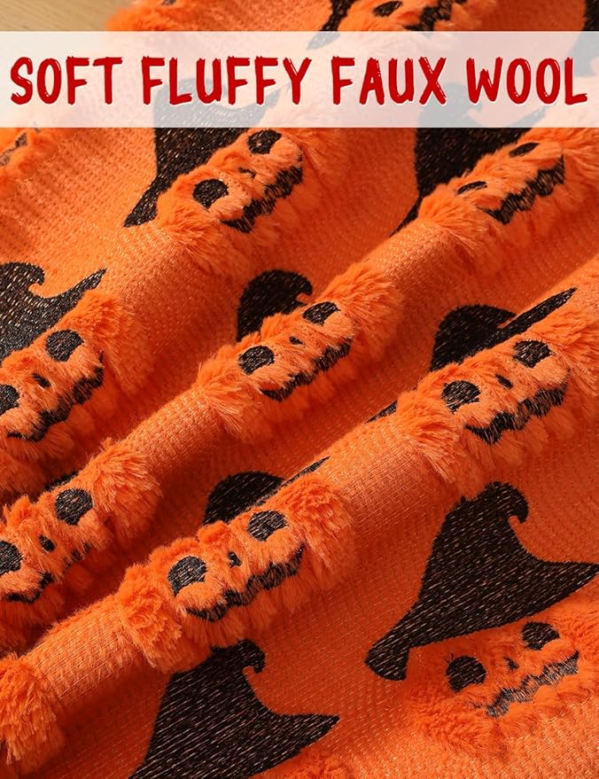 Halloween Decorations Set of 2 Double-Sided Halloween Pillow Covers 16" x 16", with 2 Different Looks, Pumpkin Bat & Pumpkin with Hat, Plush Faux Fur Throw Pillow Covers for Home Decor