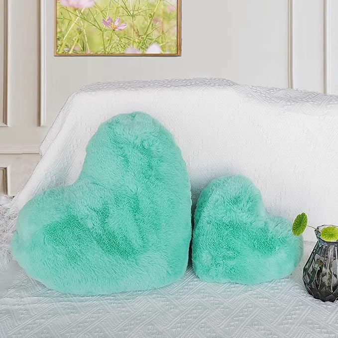 YRXRUS Heart Pillows, Love Heart Shaped Pillow, Small Cute Green Heart Pillows for Gifts, Faux Rabbit Throw Pillows for Her, Kids, Girls Home Decoration, 10X11 Inch