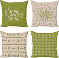 Ambesonne Modern Throw Pillow Cushion Case Pack of 4, Scandinavian Minimal Ornaments Boho Feather Leaves and Home Phrase, Modern Accent Double-Sided Digital Printing, 18", Pale Tan and Pistachio Green