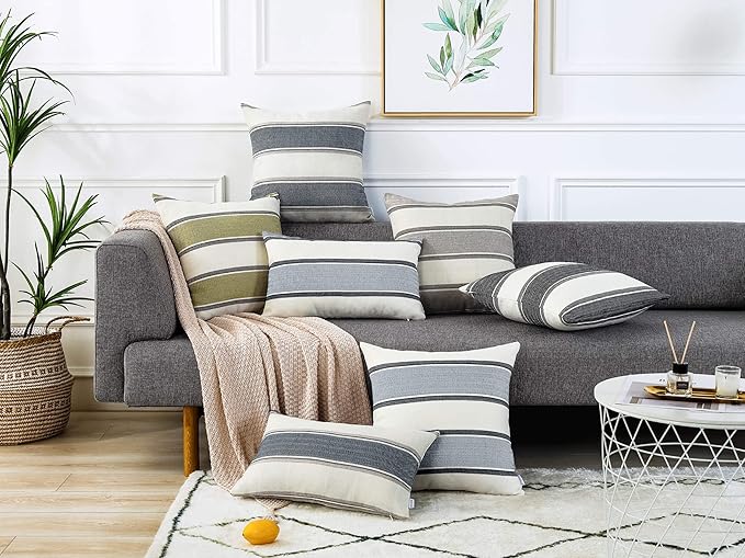 AmHoo Pack of 2 Farmhouse Linen Throw Pillow Cover Cushion Stripe Decoration Buffalo Retro Pillowcase with Hidden Zipper for Sofa Bedroom Car 16 x 16 Inch Light Grey Gray