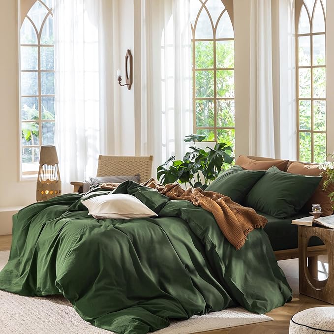 MooMee Bedding Duvet Cover Set 100% Washed Cotton Linen Like Textured Breathable Durable Soft Comfy (Solid Forest Green, Twin 68"x90")