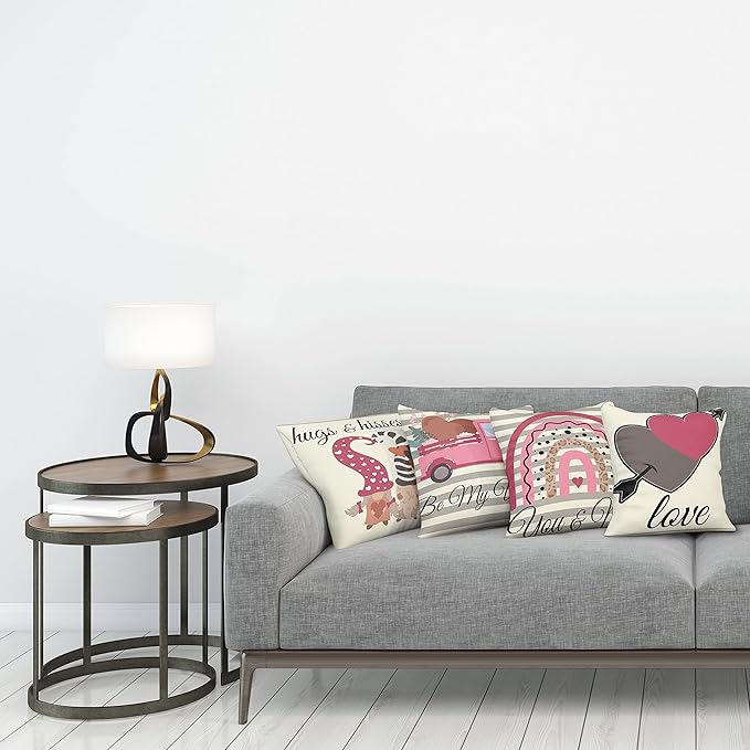 Ambesonne Romantic Throw Pillow Cushion Case Pack of 4, Love Hearts Arrow You and Me Be My Valentine Hugs Kisses Lettering Print, Modern Accent Double-Sided Digital Printing, 24", Ivory Taupe and Pink
