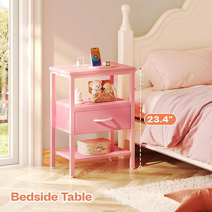 SUPERJARE Nightstand with Charging Station, Bed Side Table with Adjustable Fabric Drawer, Night Stand for Bedroom, 3-Tier Storage End Table, for Living Room, Pink